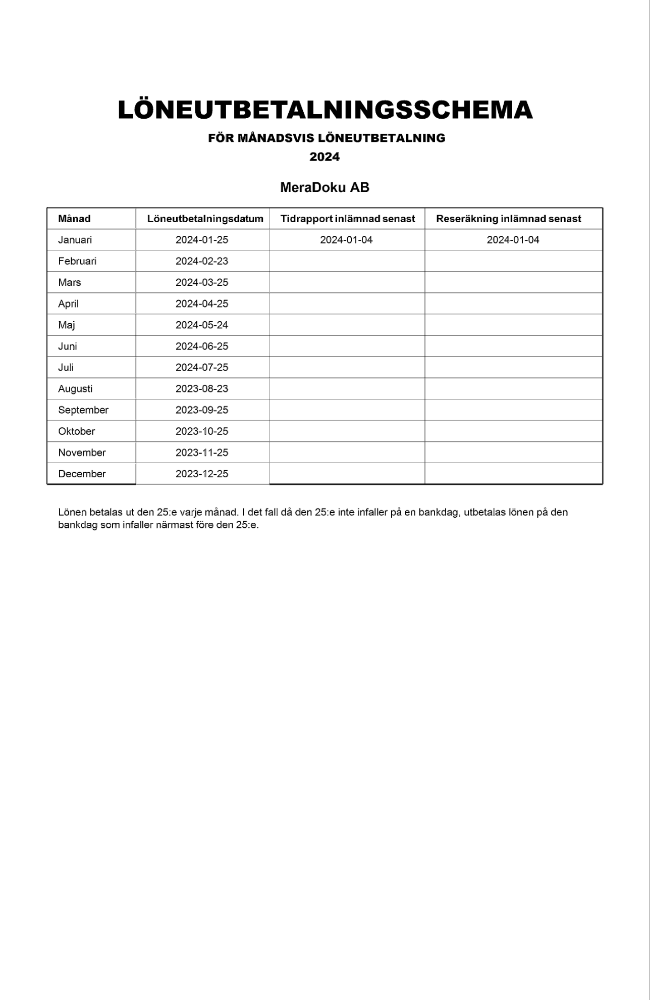 Löneutbetalningsschema månadsvis 2024