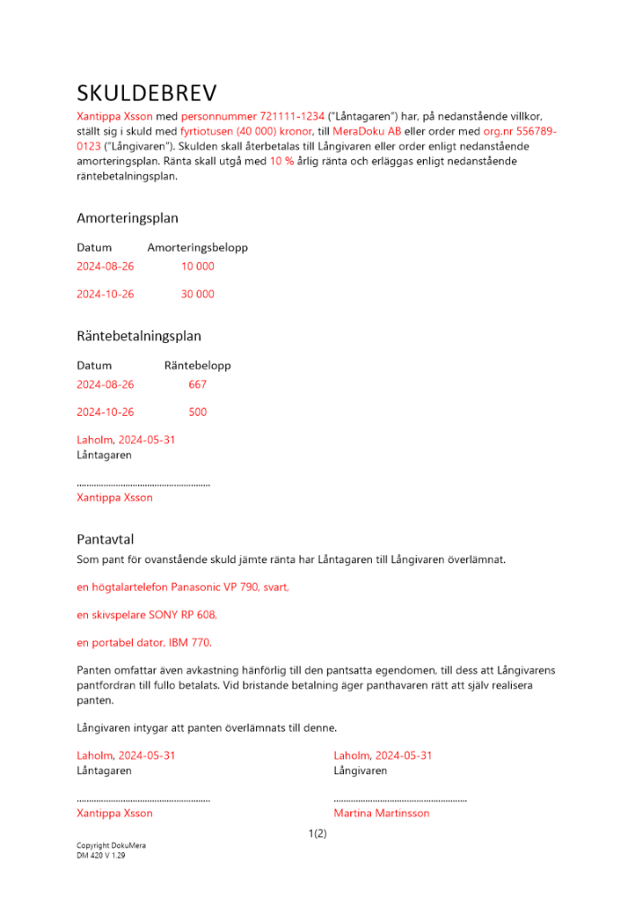 Löpande skuldebrev amorteringsplan borgen pant 2024