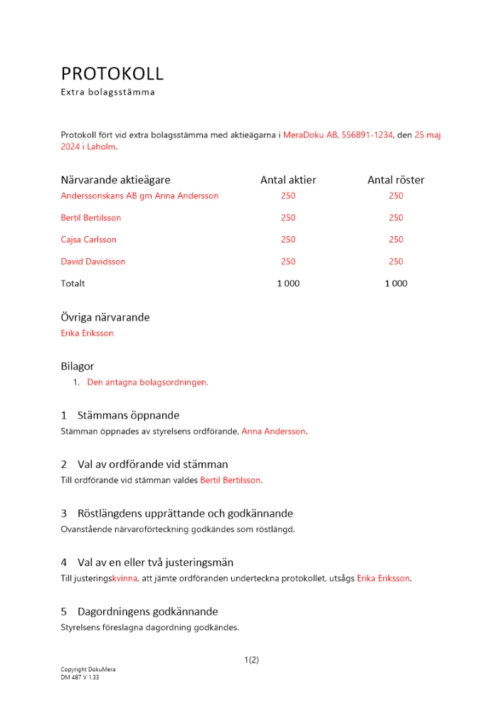 Protokoll extra bolagsstämma revisorsbyte