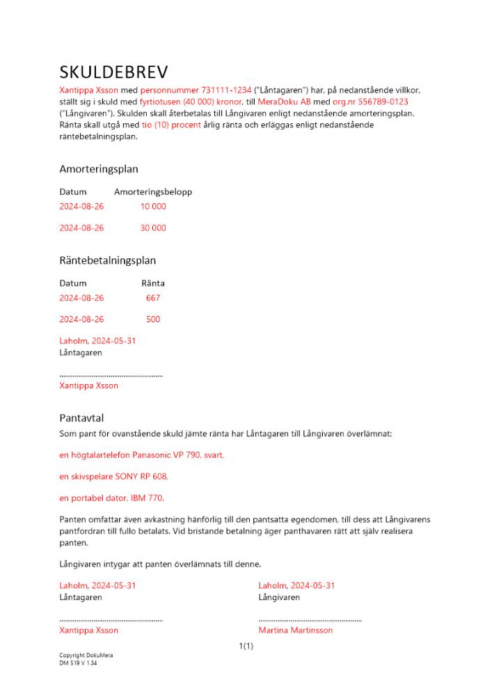 Enkelt skuldebrev amorteringsplan pant 2024