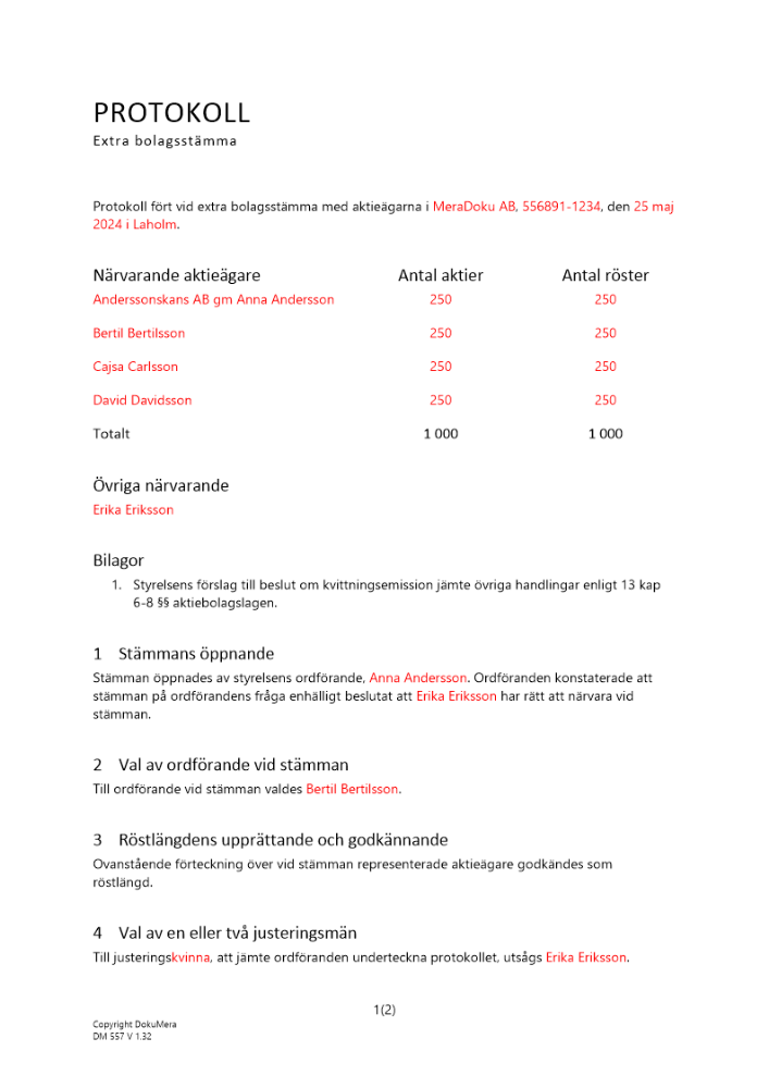 Protokoll extra bolagsstämma kvittningsemission