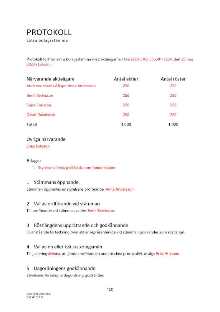 Protokoll extra bolagsstämma fondemission