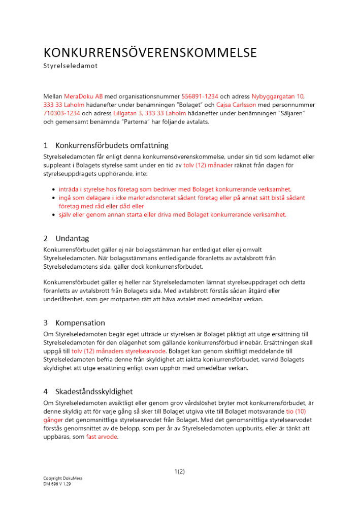 Konkurrensöverenskommelse styrelseledamot 2024