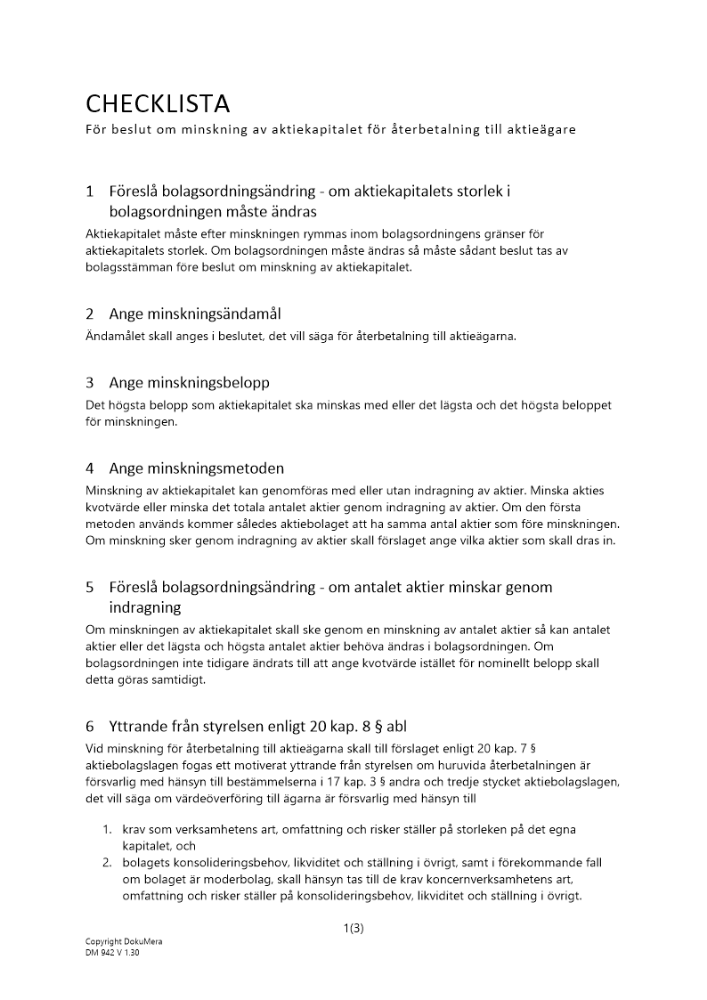 Checklista beslut minskning aktiekap återbetalning