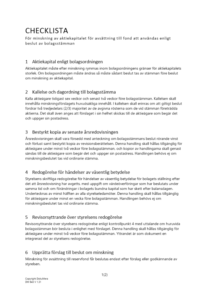 Checklista minskning aktiekap avsättning