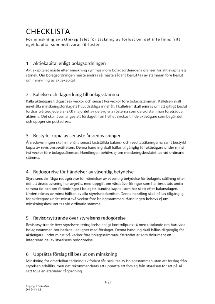 Checklista minskning aktiekap förlusttäckning