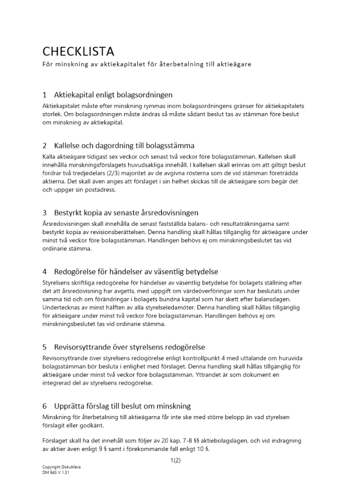 Checklista minskning aktiekap återbetalning