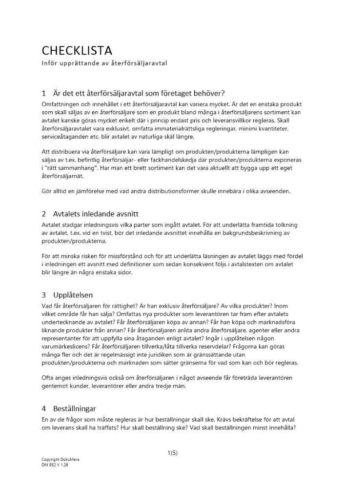 Checklista återförsäljaravtal