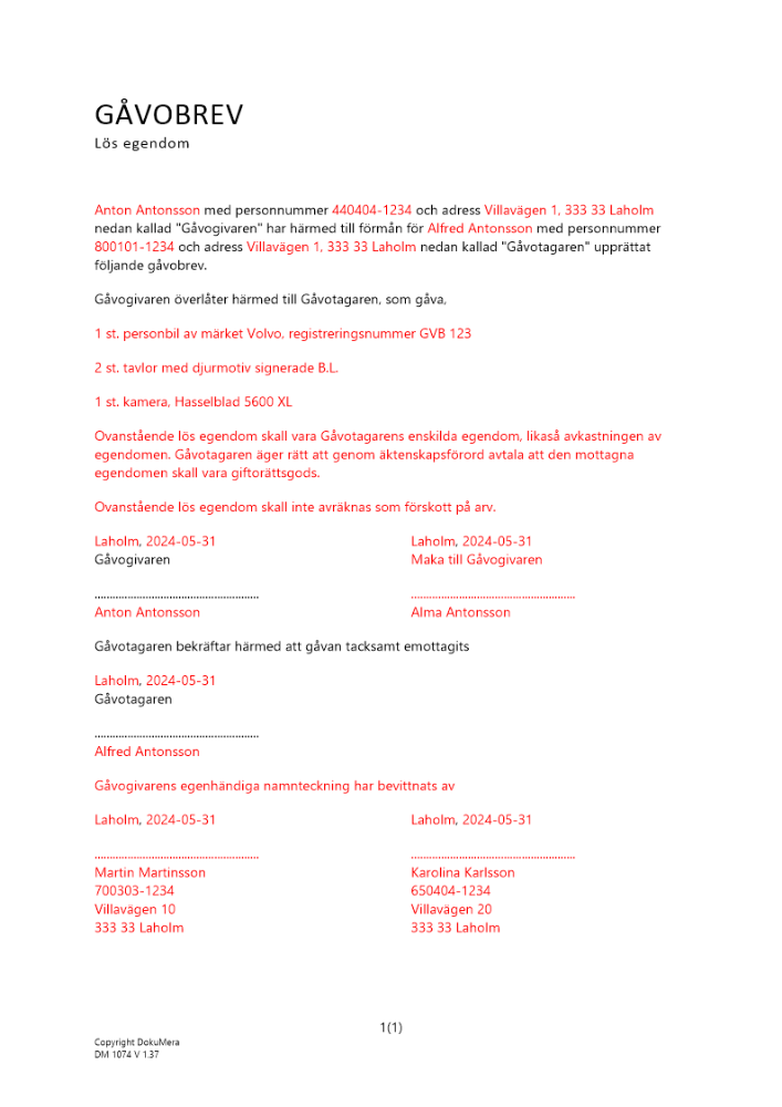 Gåvobrev lös egendom en givare en mottagare