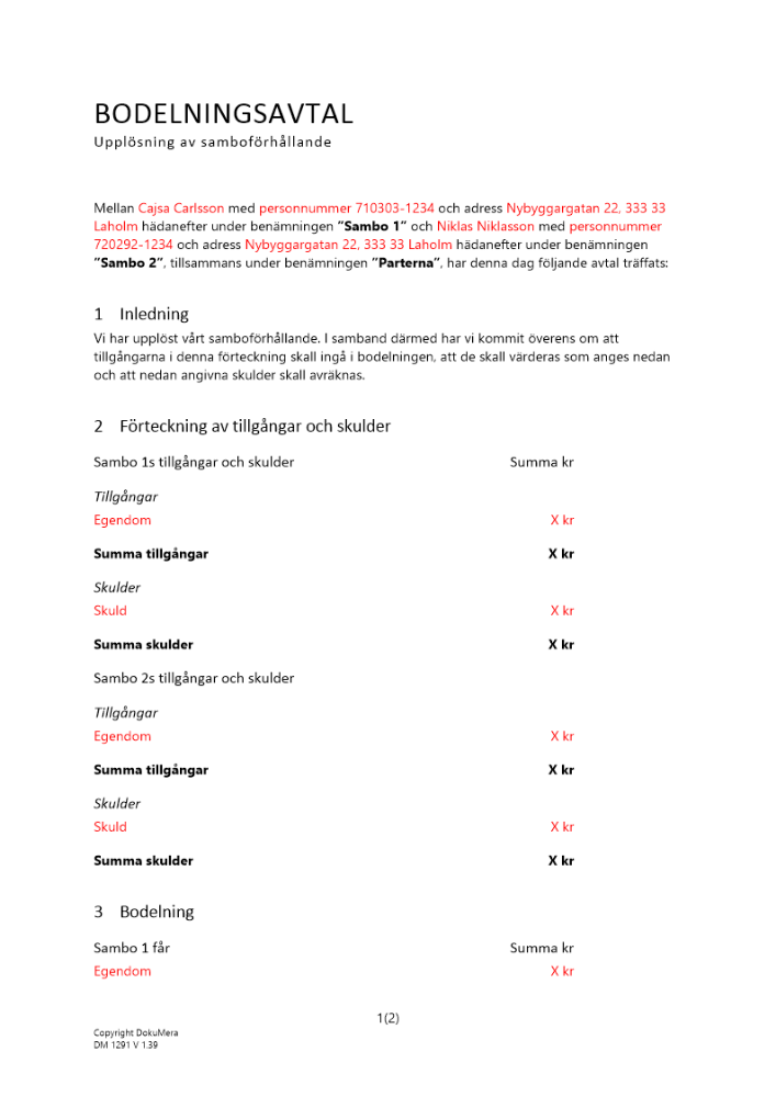 Bodelning - Upplösning av samboförhållande 2024