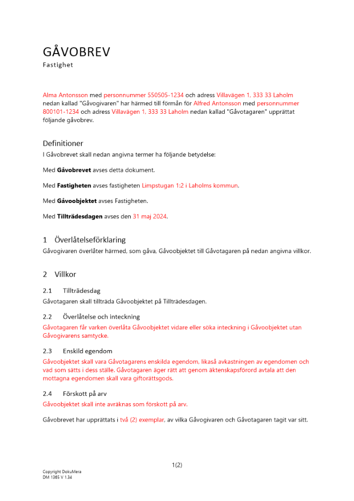 Gåvobrev fastighet en givare en mottagare 2024