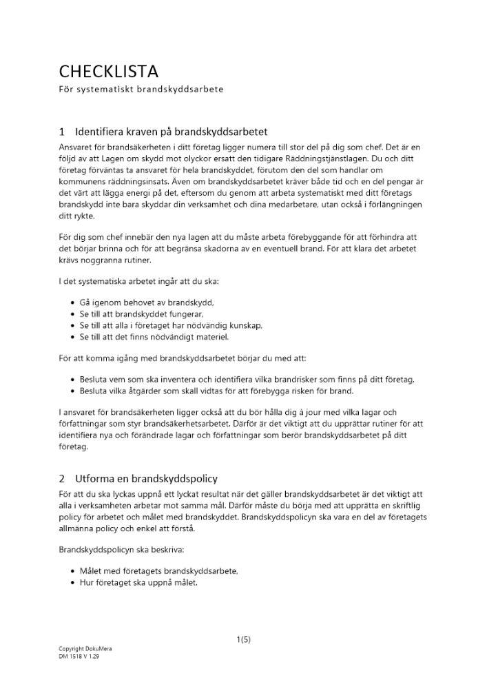 Checklista systematiskt brandskyddsarbete