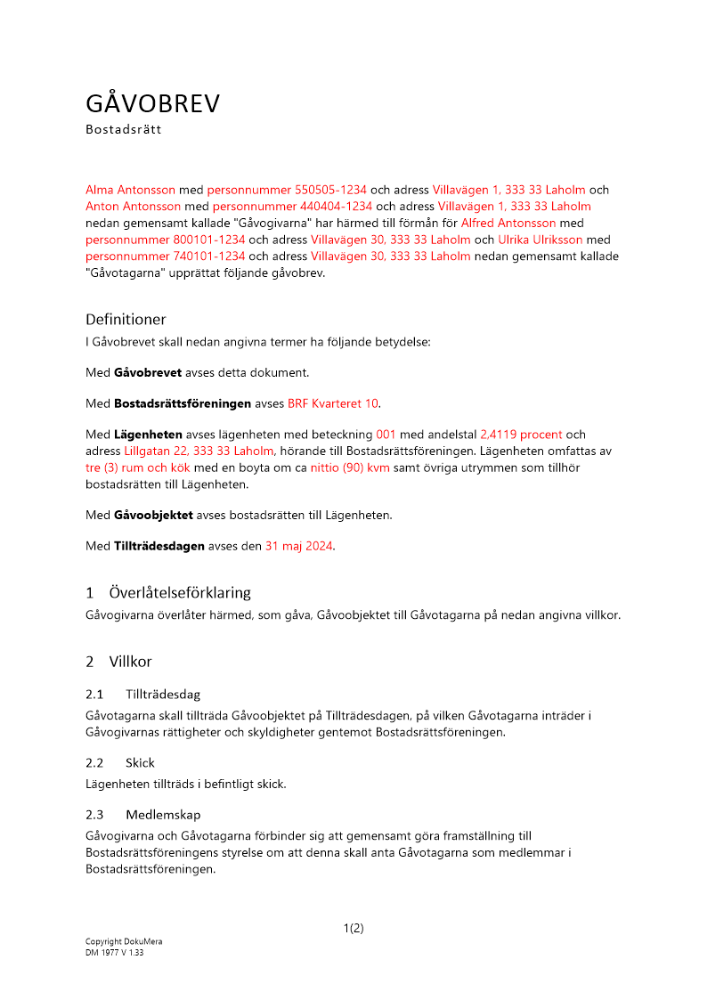 Gåvobrev bostadsrätt två givare två mottagare