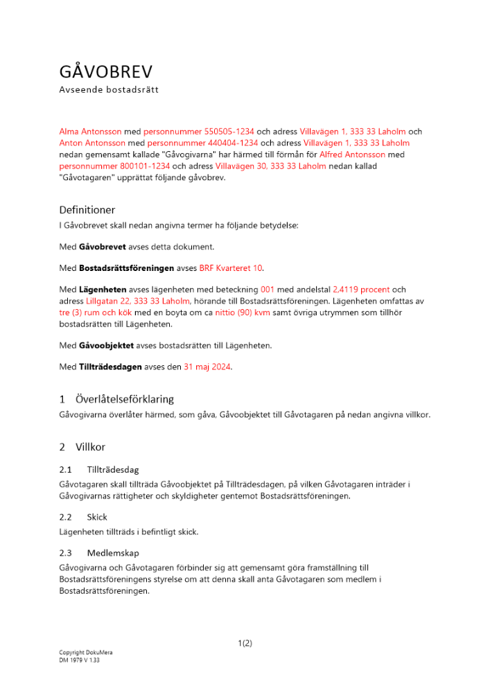 Gåvobrev bostadsrätt två givare en mottagare 2024