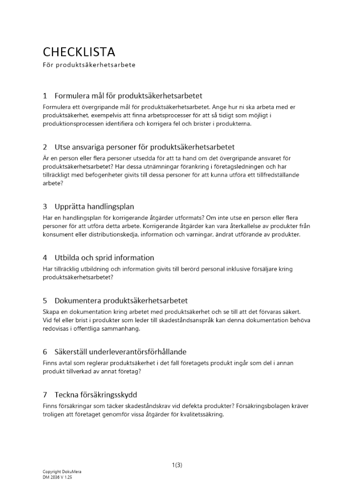 Checklista produktsäkerhetsarbete 2024