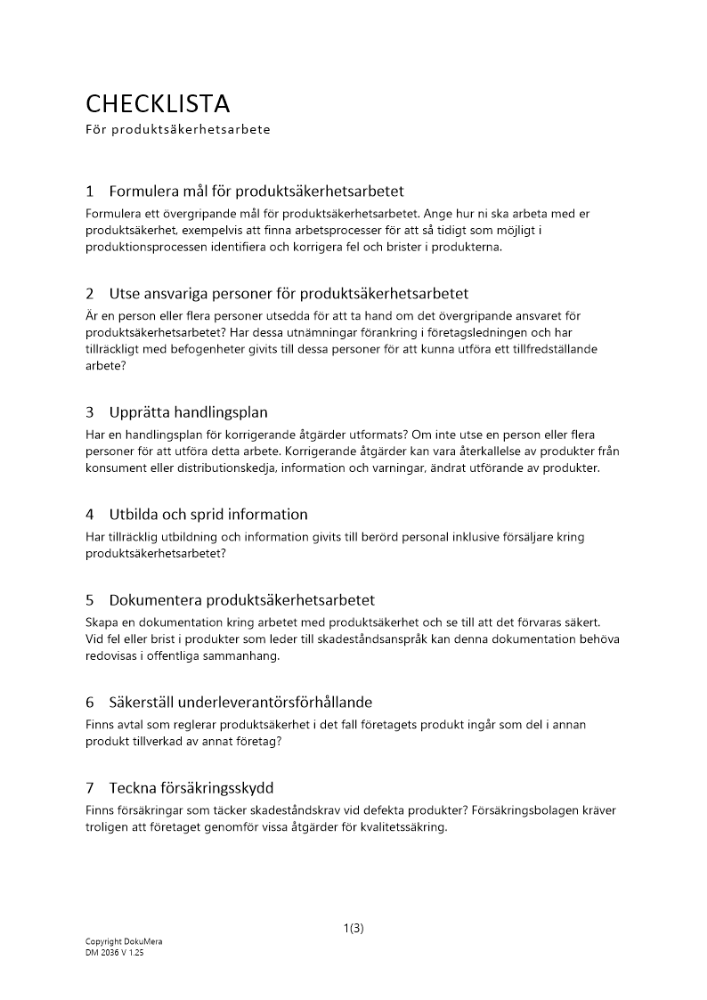 Checklista produktsäkerhetsarbete