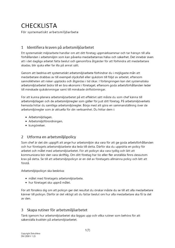 Checklista systematiskt arbetsmiljöarbete