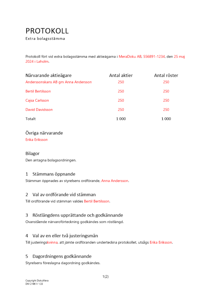 Protokoll extra bolagsstämma ny bolagsordning