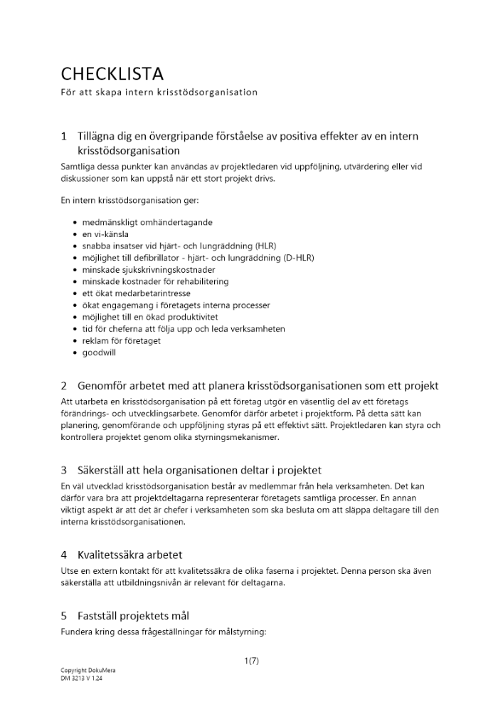 Checklista skapa intern krisstödsorganisation