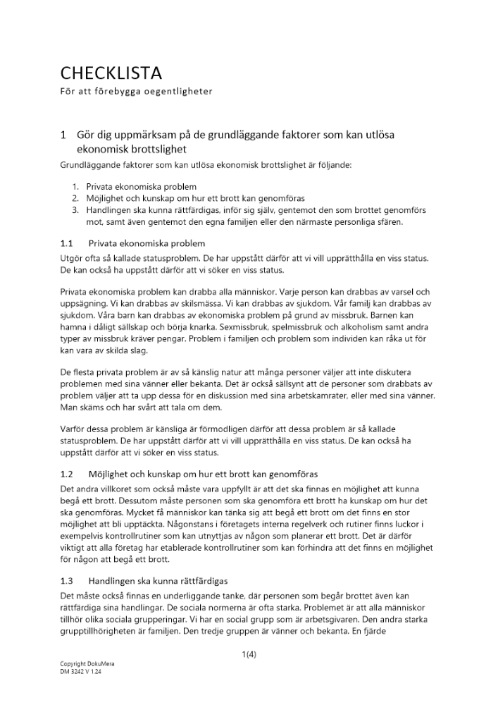 Checklista förebygga oegentligheter