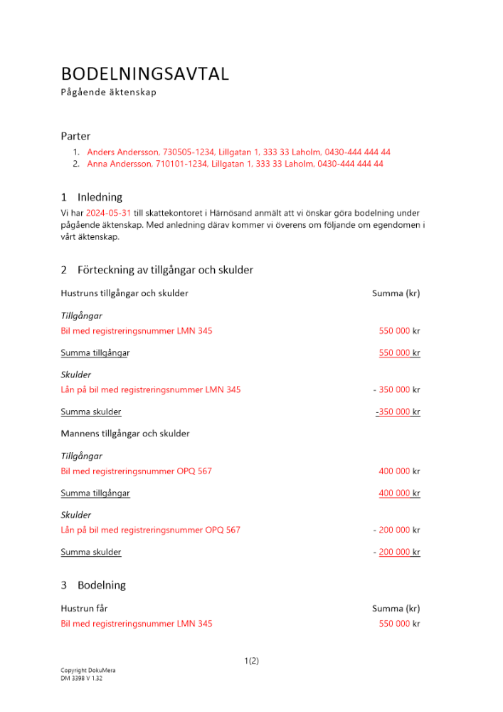 Bodelning - Pågående äktenskap 2024