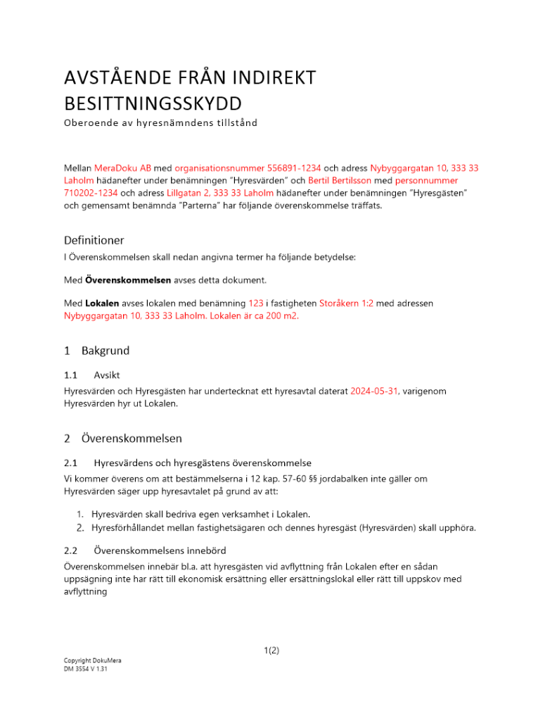 Överenskommelse om avstående från indirekt besittningsskydd (Ej beroende av hyresnämndens tillstånd) 2024