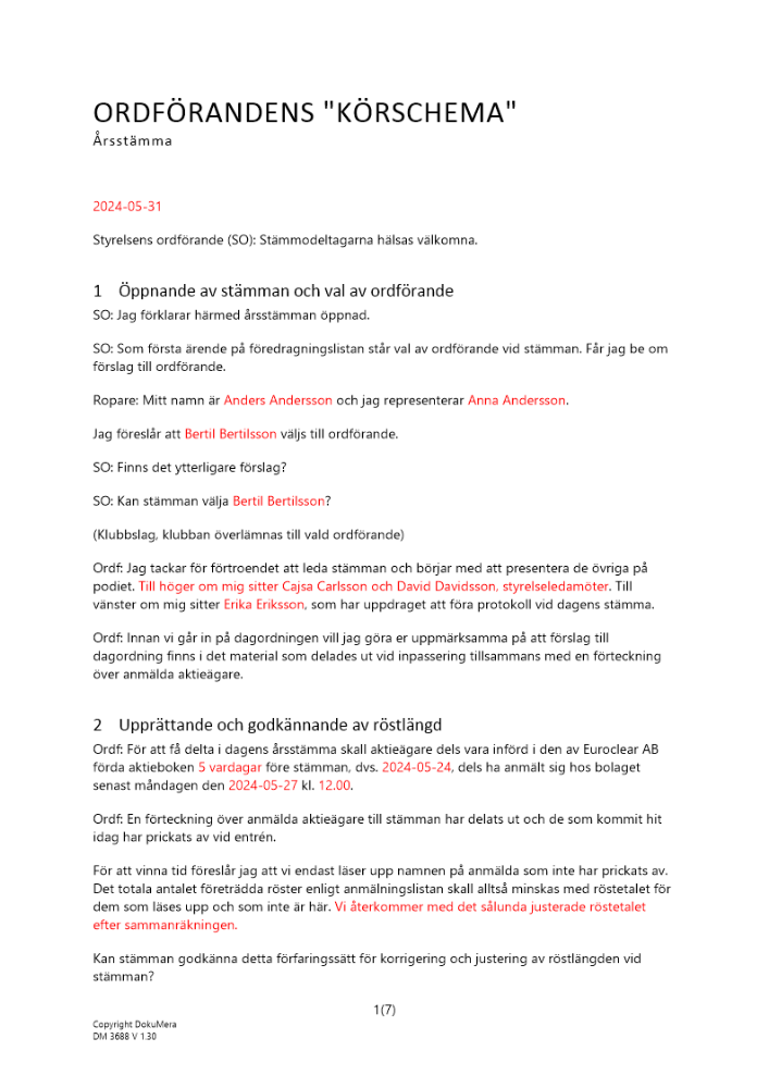 Ordförandens körschema vid årsstämma - med emissioner (Noterat)