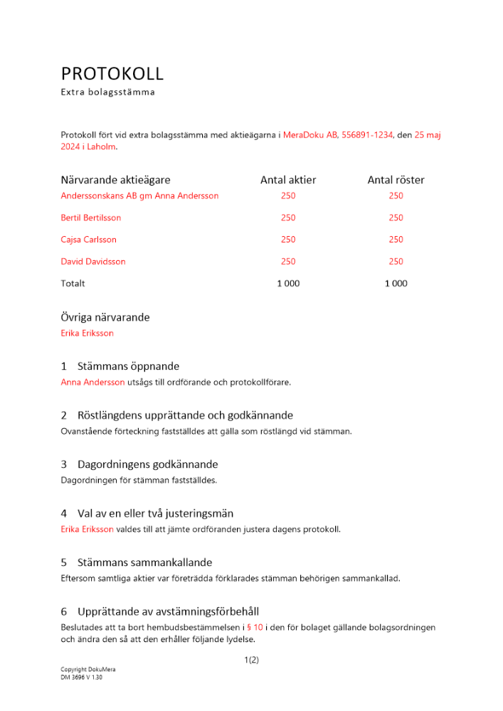 Protokoll från extra bolagsstämma - Upprättande av avstämningsförbehåll