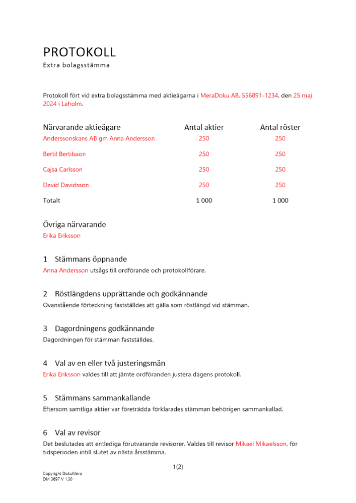 Protokoll från extra bolagsstämma - Ny revisor