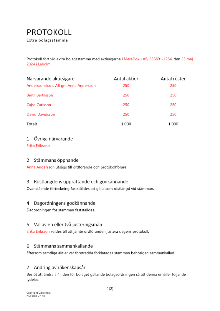 Protokoll från extra bolagsstämma - Ändring av räkenskapsår till kalenderår