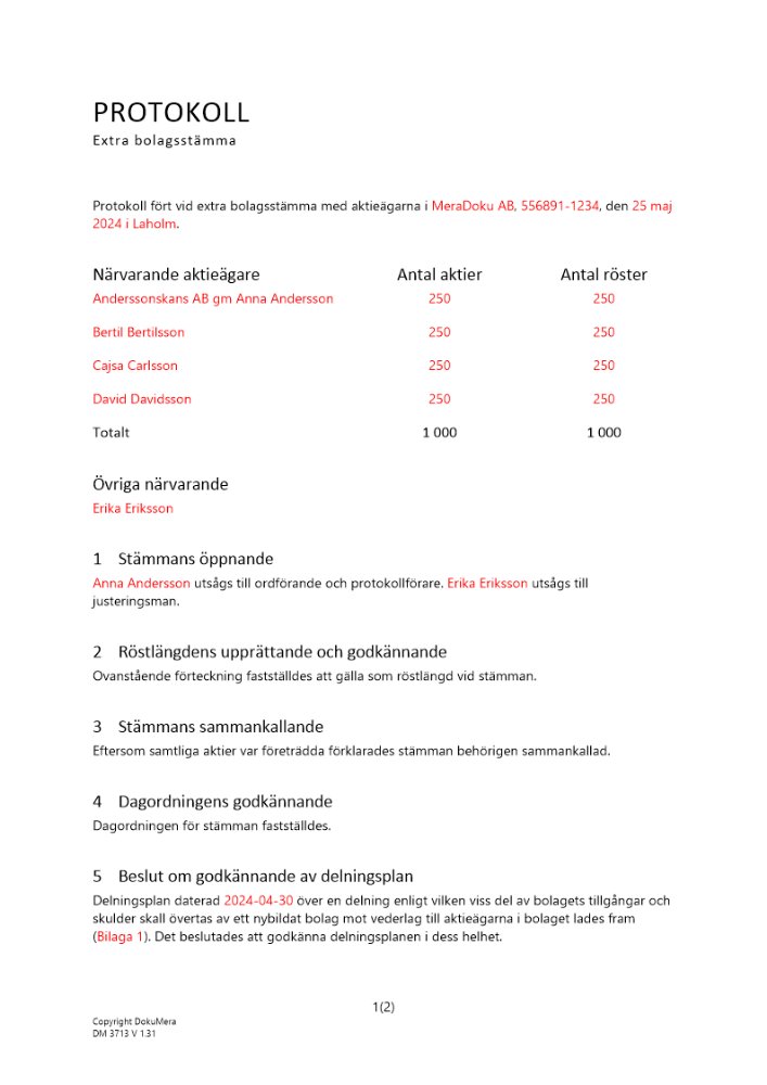 Protokoll från extra bolagsstämma ej upplösning och bildning av bolag