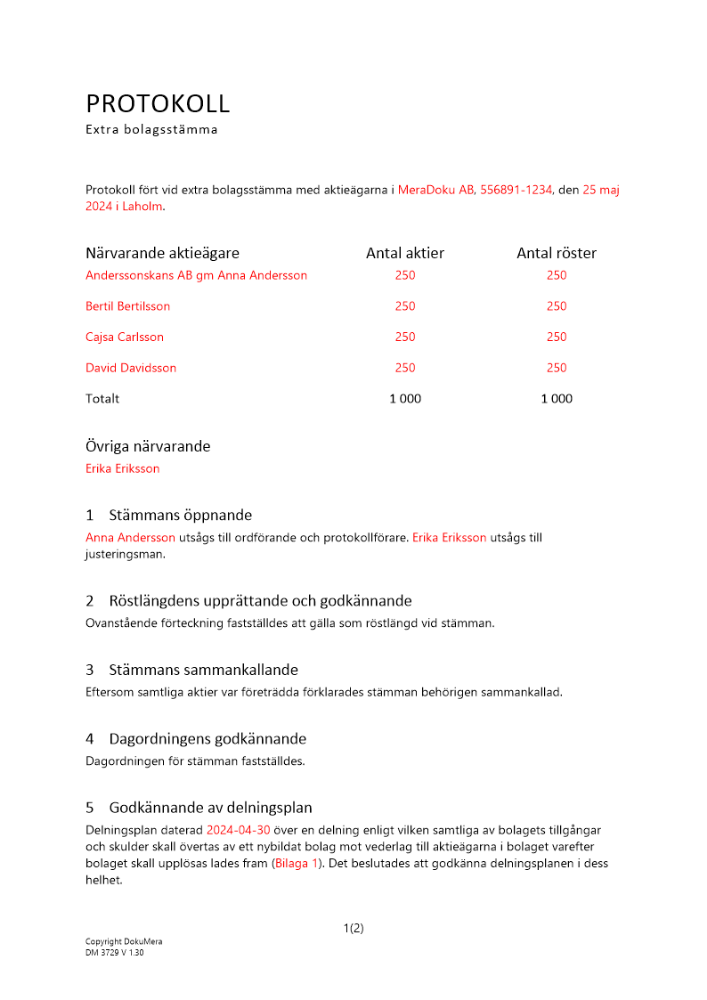 Protokoll från extra bolagsstämma - upplösning och bildning av bolag 2024