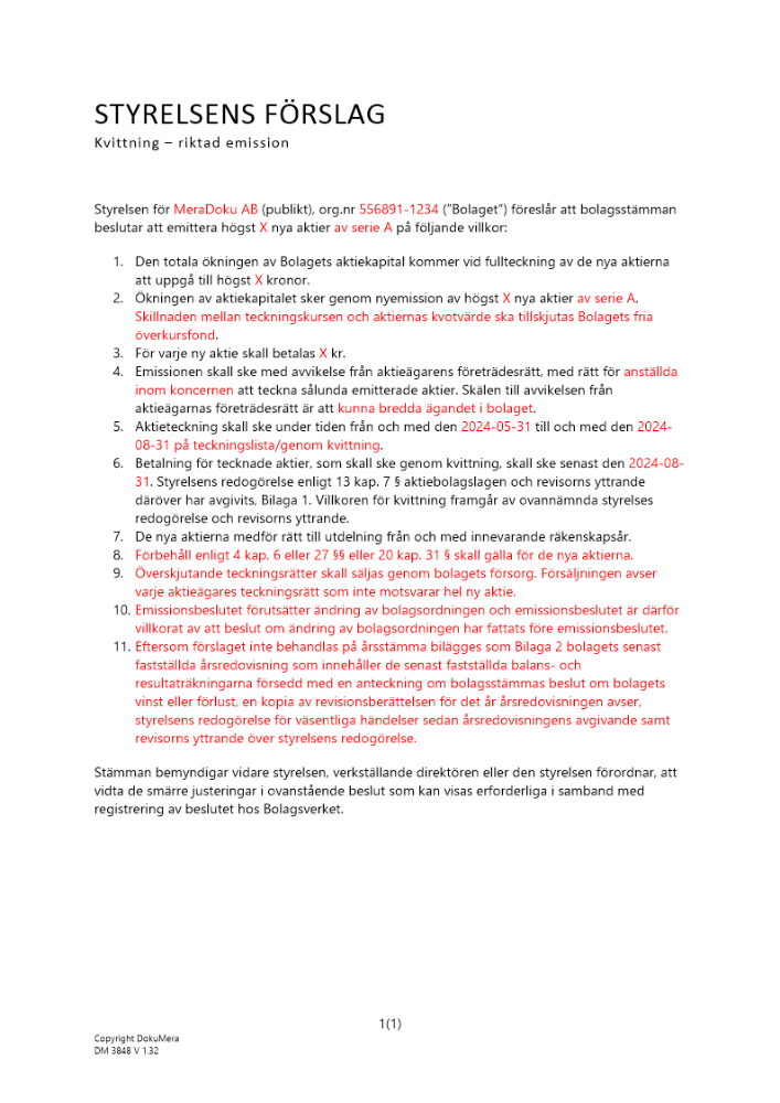 Styrelsens förslag - Riktad emission - kvittning - Publikt avstämningsbolag