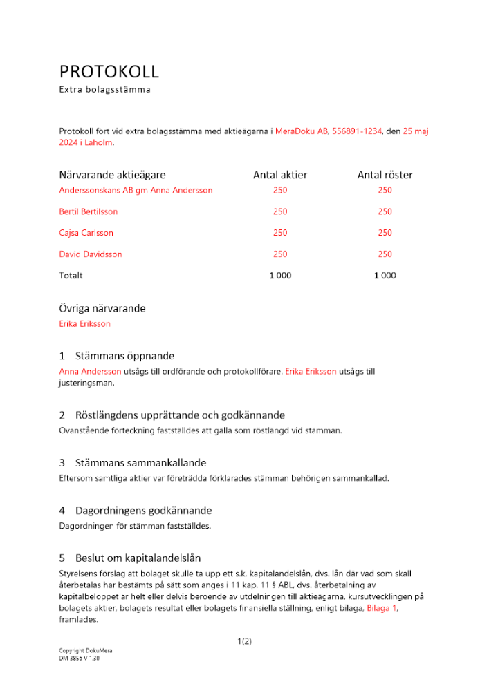 Protokoll från extra bolagsstämma - kapitalandelslån