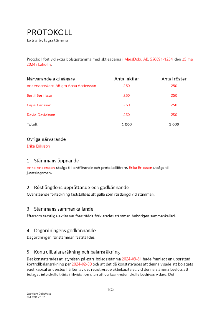 Protokoll från extra bolagsstämma - Andra kontrollstämman 2024