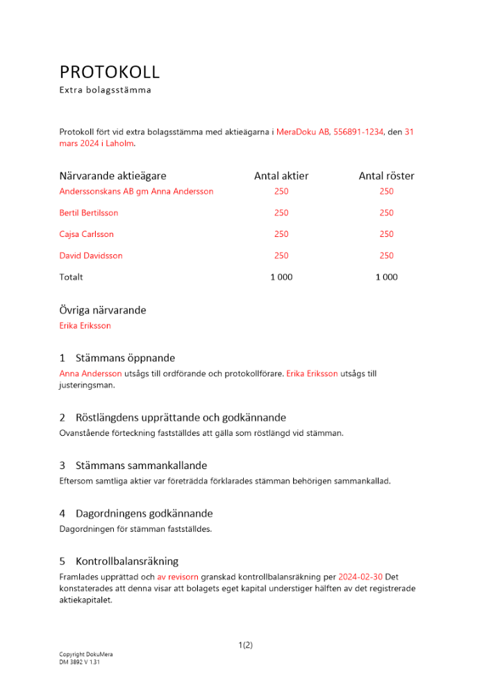 Protokoll från extra bolagsstämma - Första kontrollstämman