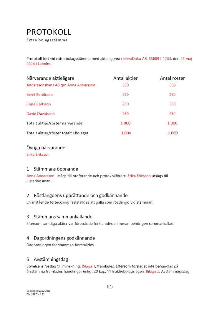 Protokoll från extra bolagsstämma - Minskning Avstämningsbolag 2024