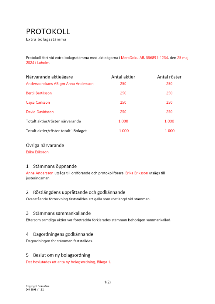 Protokoll från extra bolagsstämma - Minskning _Ej avstämningsbolag_