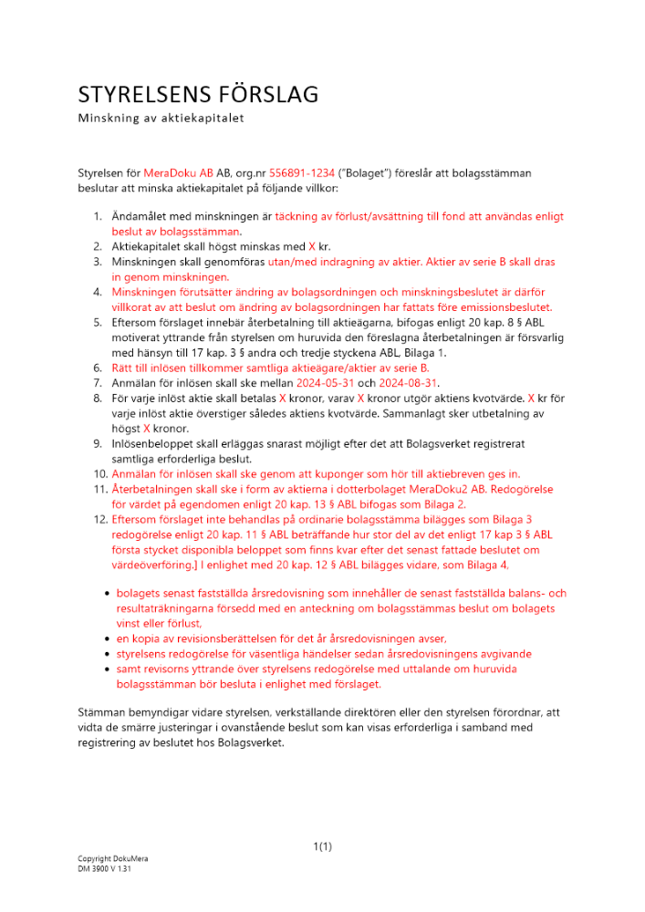 Styrelsens förslag till minskning av aktiekapital (Återbetalning till aktieägare) 2024