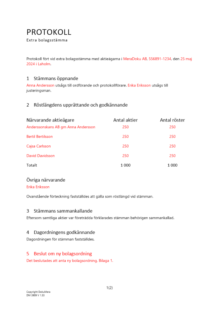 Protokoll från extra bolagsstämma - Utdelning Avstämningsbolag 2024