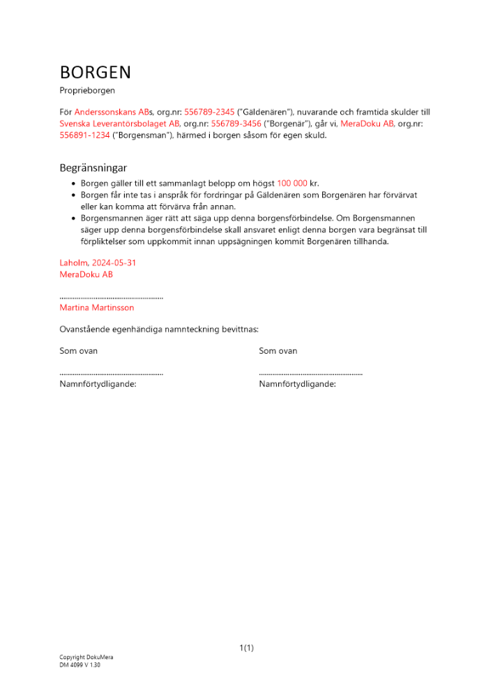 Proprieborgen av företag (Generell men begränsad till belopp mm)