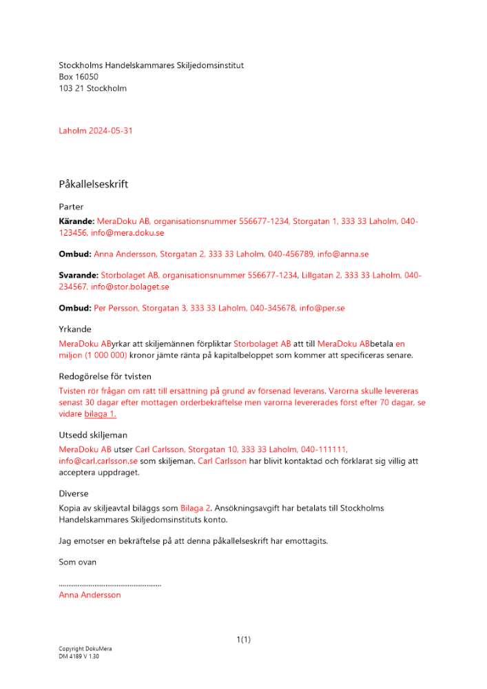 Påkallelseskrift - Stockholms handelskammares skiljedomsinstitut 2024