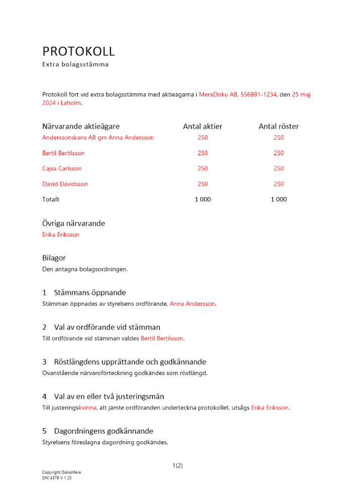 Protokoll från extra bolagsstämma - ändring av styrelse och revisor