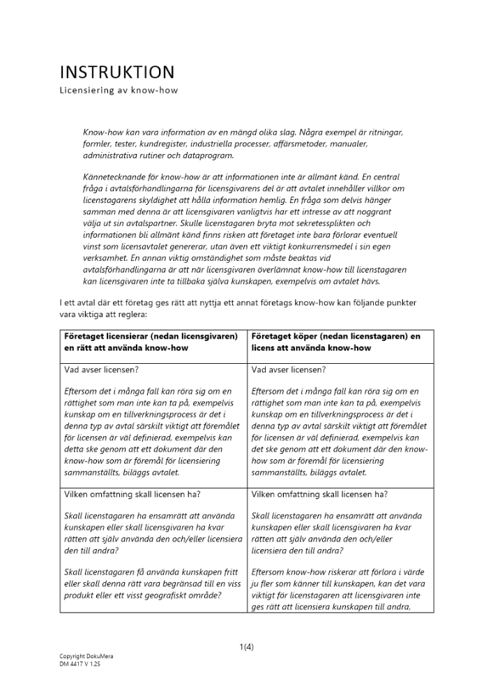 Instruktion licensiering av know-how