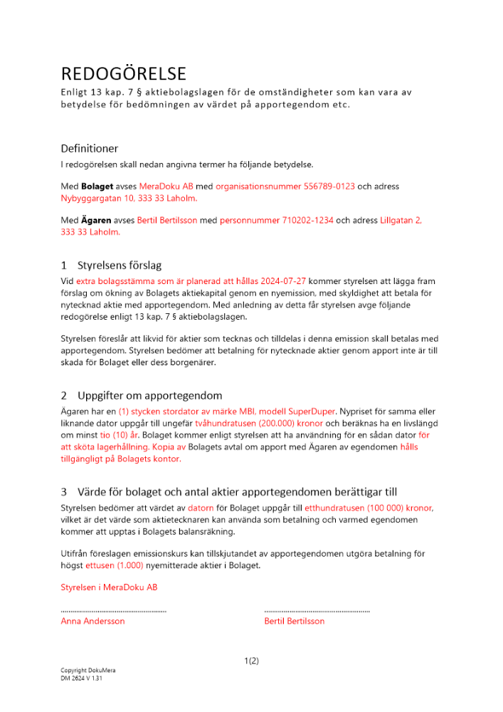 Redogörelse 13 kap 7 § ABL apportemission 2024