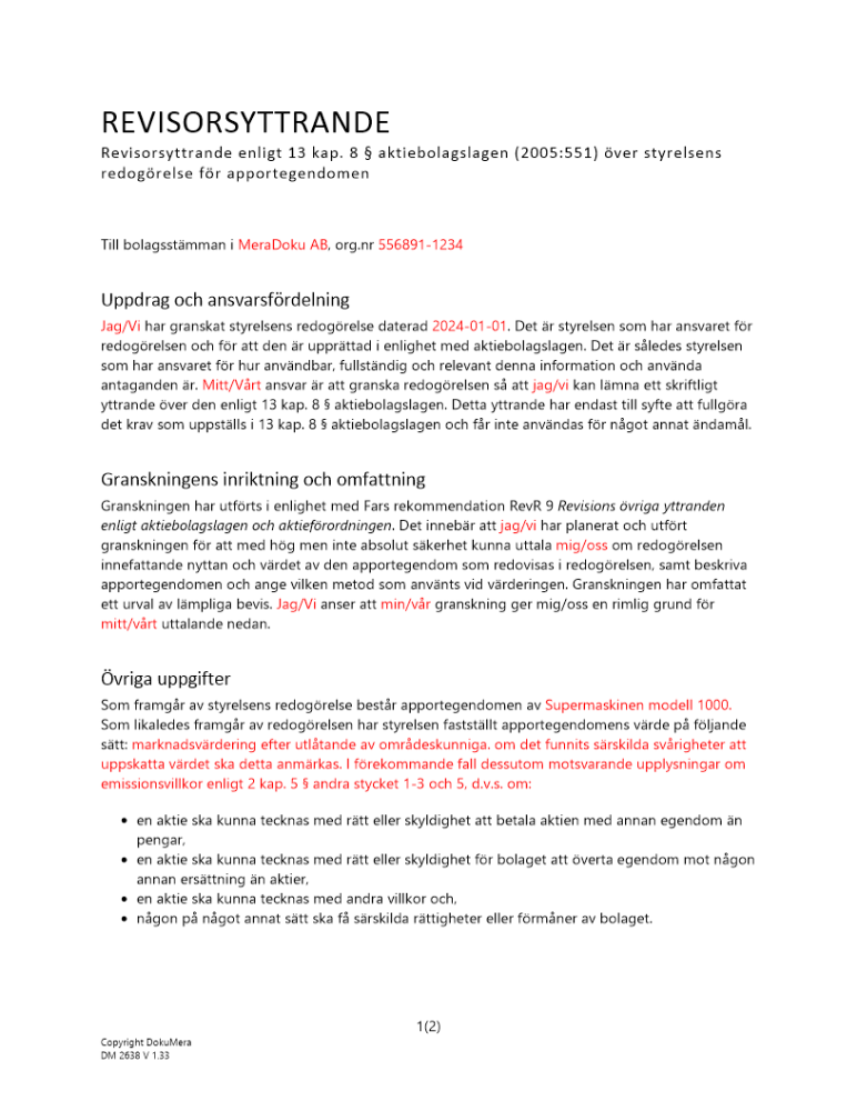 Revisorsyttrande enl 13 kap 8 § ABL (Apportemission) 2024