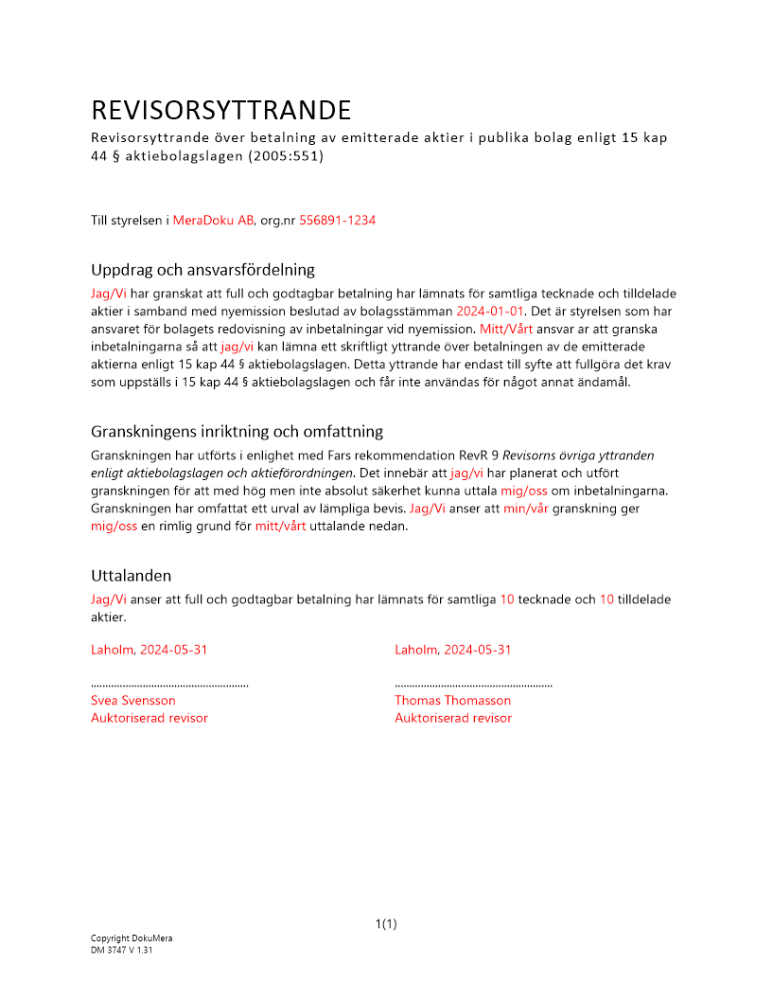 Revisorsyttrande enl 15 kap 44 § ABL (Emission i pengar) 2024