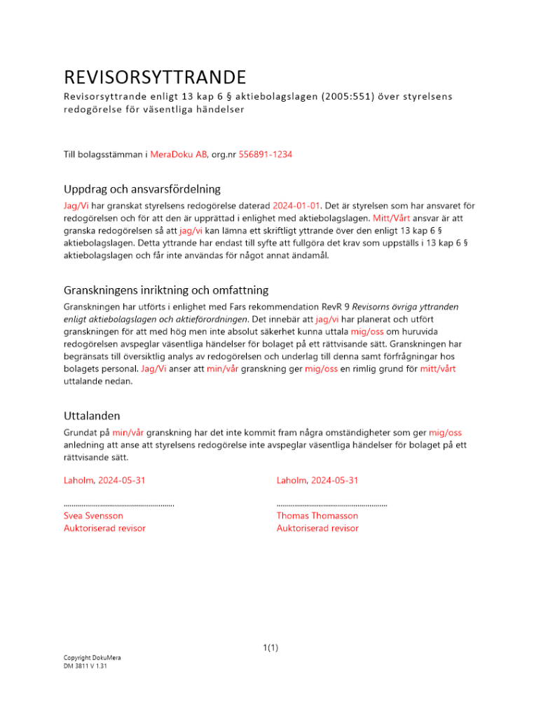 Revisorsyttrande enl 13 kap 6 § ABL (Nyemission)