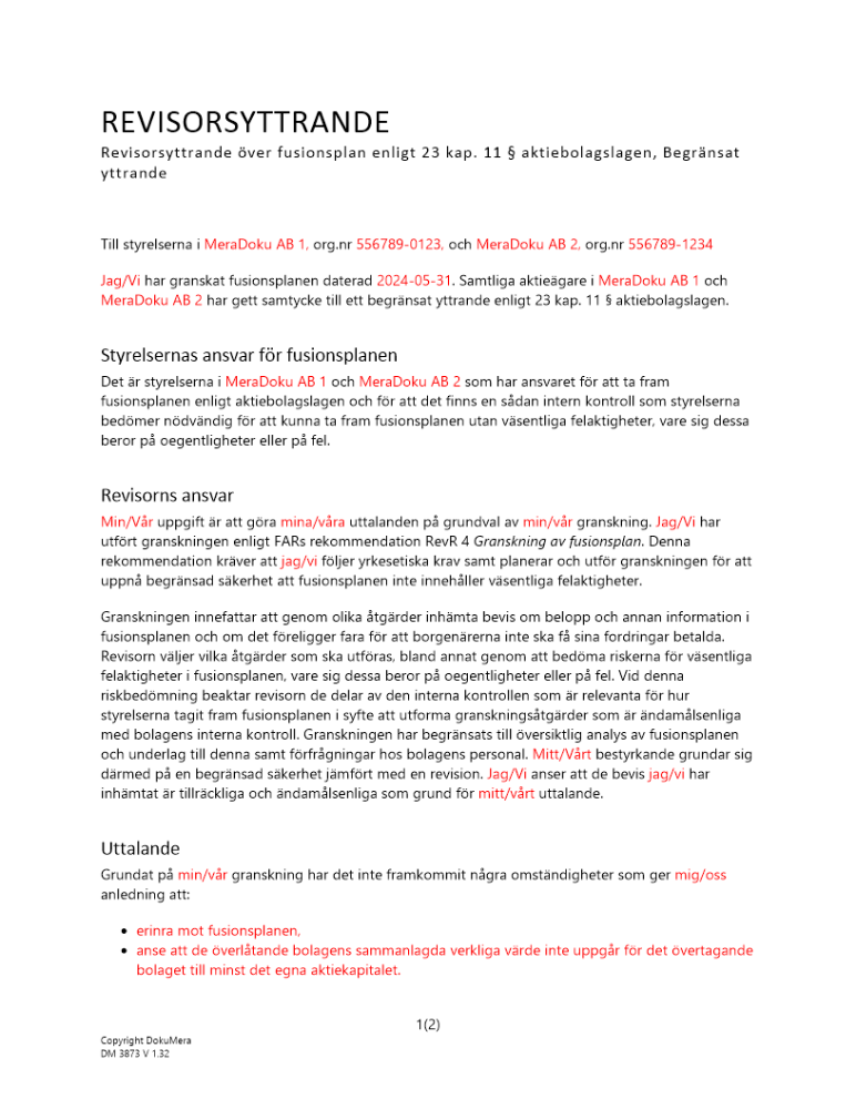 Revisorsyttrande enl 23 kap 11 § ABL - kombination (Begränsat yttrande) 2024