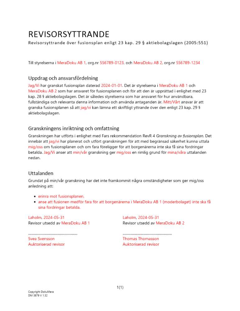 Revisorsyttrande enl 23 kap 29 § ABL (Fusionsplan)